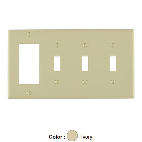 Leviton 80732-I, 4-Gang 3-Toggle 1-Decora/GFCI Device Combination Wallplate, Standard Size, Thermoplastic Nylon, Device Mount, Ivory