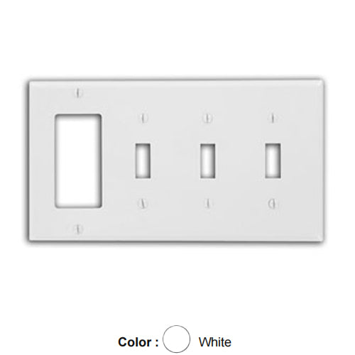 Leviton 80732-W, 4-Gang 3-Toggle 1-Decora/GFCI Device Combination Wallplate, Standard Size, Thermoplastic Nylon, Device Mount, White