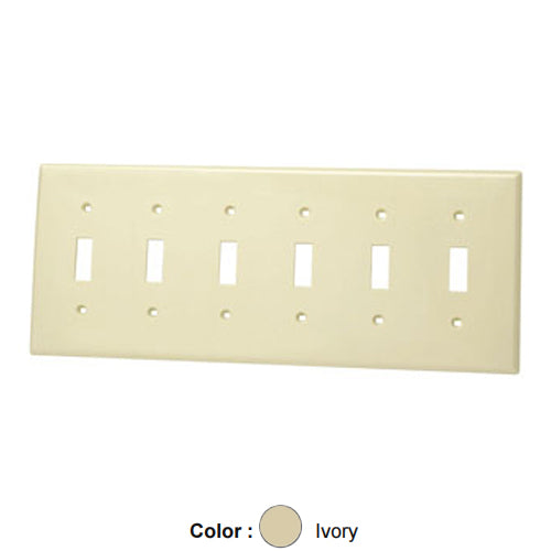 Leviton 80736-I, 6-Gang Toggle Switch Wallplate, Standard Size, Thermoplastic Nylon, Device Mount, Ivory