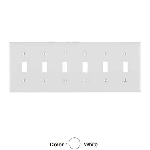 Leviton 80736-W, 6-Gang Toggle Switch Wallplate, Standard Size, Thermoplastic Nylon, Device Mount, White