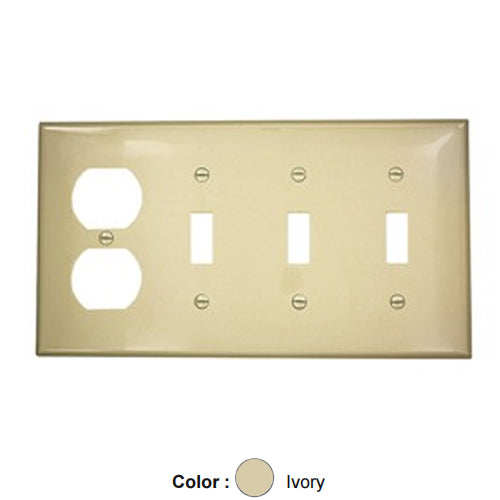 Leviton 80743-I, 4-Gang 3-Toggle 1-Duplex Device Combination Wallplate, Standard Size, Thermoplastic Nylon, Device Mount, Ivory