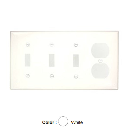 Leviton 80743-W, 4-Gang 3-Toggle 1-Duplex Device Combination Wallplate, Standard Size, Thermoplastic Nylon, Device Mount, White