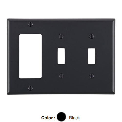 Leviton 80745-E, 3-Gang 2-Toggle 1-Decora/GFCI Device Combination Wallplate, Standard Size, Thermoplastic Nylon, Device Mount, Black