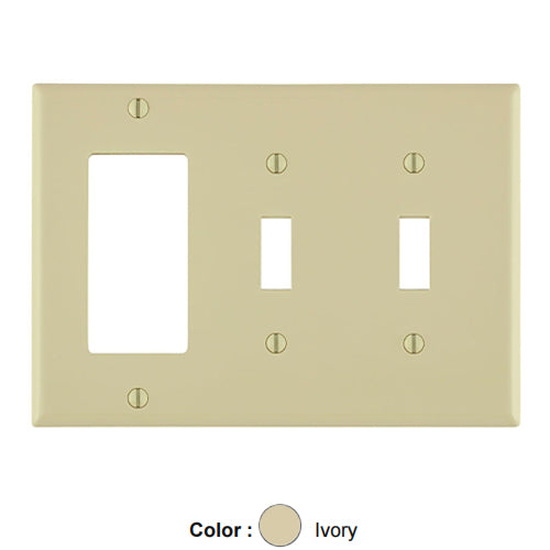 Leviton 80745-I, 3-Gang 2-Toggle 1-Decora/GFCI Device Combination Wallplate, Standard Size, Thermoplastic Nylon, Device Mount, Ivory