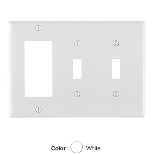 Leviton 80745-W, 3-Gang 2-Toggle 1-Decora/GFCI Device Combination Wallplate, Standard Size, Thermoplastic Nylon, Device Mount, White