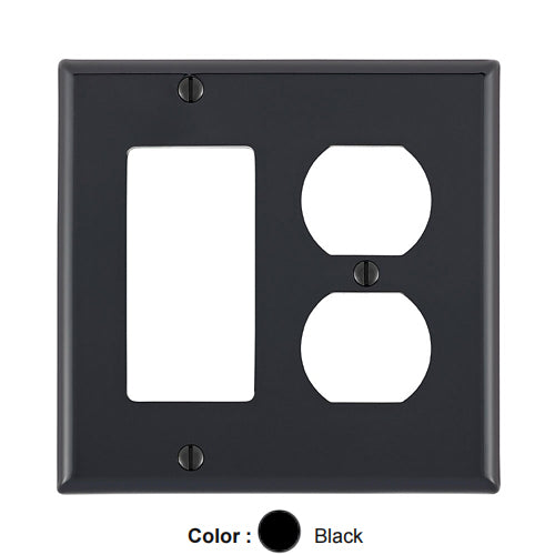 Leviton 80746-E, 2-Gang 1-Duplex and 1-Decora/GFCI Device Combination Wallplate, Standard Size, Thermoplastic Nylon, Device Mount, Black