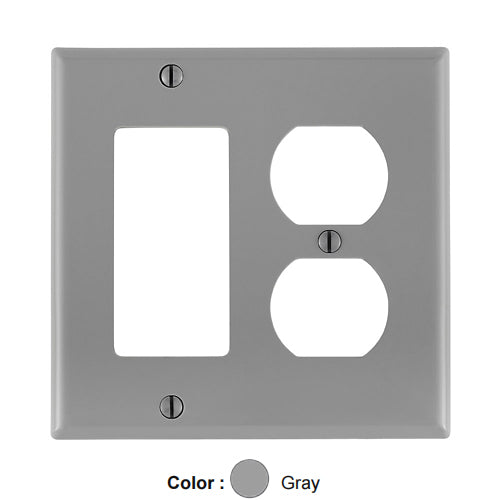 Leviton 80746-GY, 2-Gang 1-Duplex and 1-Decora/GFCI Device Combination Wallplate, Standard Size, Thermoplastic Nylon, Device Mount, Gray