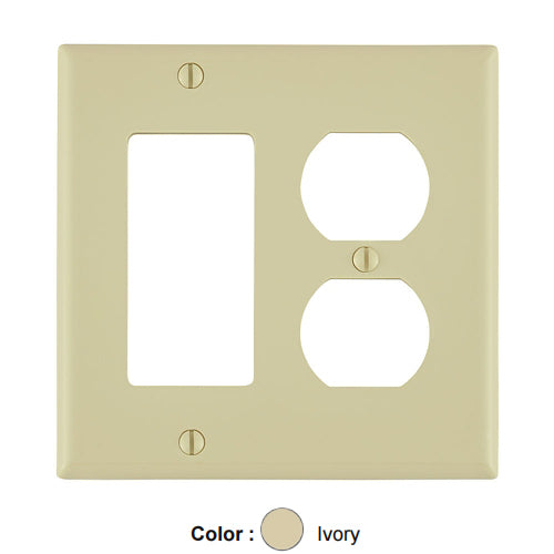 Leviton PJ826-I, 2-Gang 1-Duplex and 1-Decora/GFCI Device Combination Wallplate, Midway Size, Thermoplastic Nylon, Device Mount, Ivory