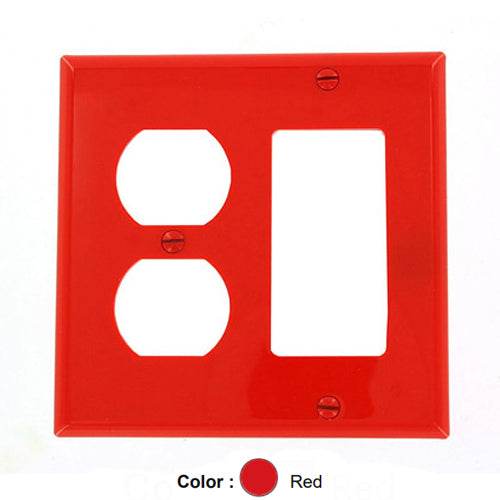 Leviton 80746-R, 2-Gang 1-Duplex and 1-Decora/GFCI Device Combination Wallplate, Standard Size, Thermoplastic Nylon, Device Mount, Red