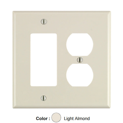 Leviton PJ826-T, 2-Gang 1-Duplex and 1-Decora/GFCI Device Combination Wallplate, Midway Size, Thermoplastic Nylon, Device Mount, Light Almond