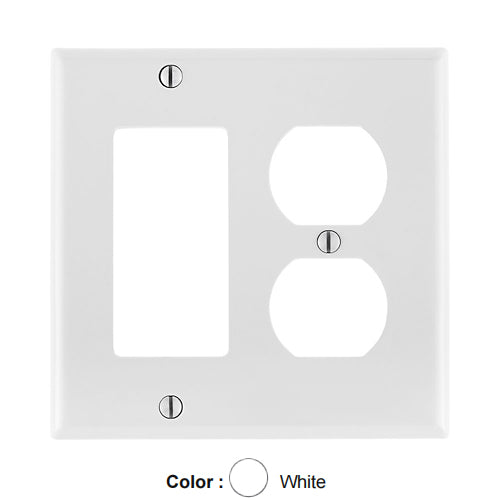 Leviton PJ826-W, 2-Gang 1-Duplex and 1-Decora/GFCI Device Combination Wallplate, Midway Size, Thermoplastic Nylon, Device Mount, White