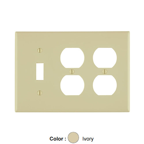Leviton 80747-I, 3-Gang 1-Toggle 2-Duplex Device Combination Wallplate, Standard Size, Thermoplastic Nylon, Device Mount, Ivory