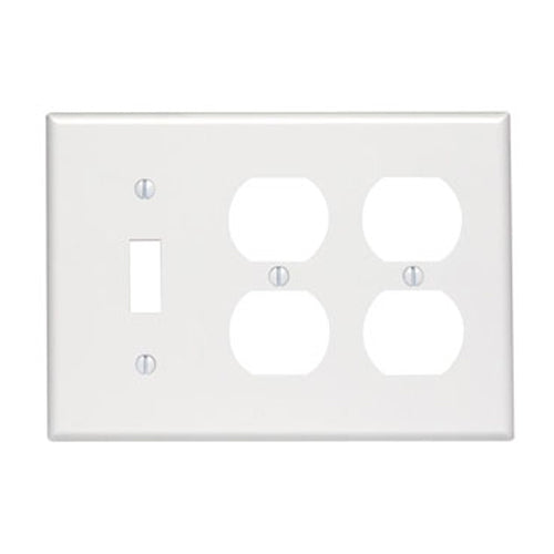 Leviton 80747-W, 3-Gang 1-Toggle 2-Duplex Device Combination Wallplate, Standard Size, Thermoplastic Nylon, Device Mount, White