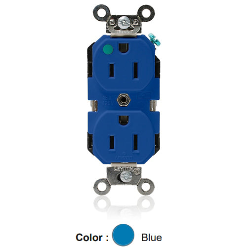 Leviton 8200-BU, Standard Straight Blade Duplex Receptacle, Extra Heavy-Duty Hospital Grade, Smooth Face, 15A 125V, NEMA 5-15R, 2-Pole, 3-Wire, Back and Side Wire, Blue