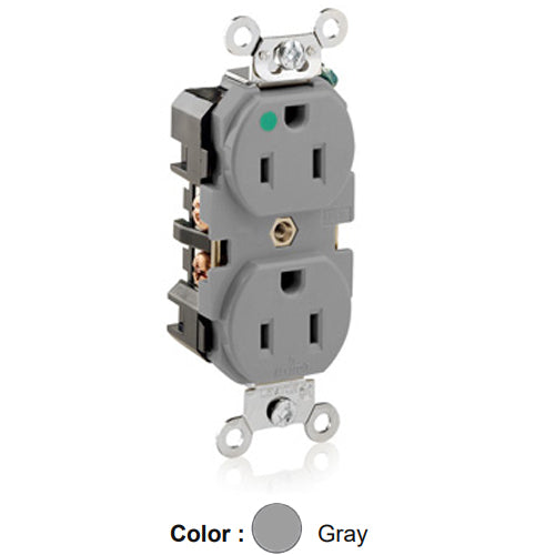 Leviton 8200-GY, Standard Straight Blade Duplex Receptacle, Extra Heavy-Duty Hospital Grade, Smooth Face, 15A 125V, NEMA 5-15R, 2-Pole, 3-Wire, Back and Side Wire, Gray
