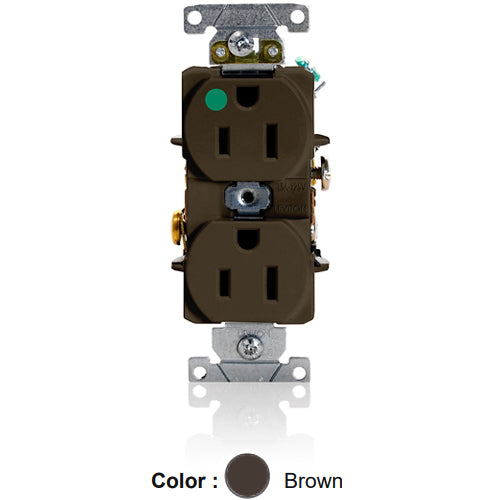 Leviton 8200-H, Standard Straight Blade Duplex Receptacle, Heavy-Duty Hospital Grade, Smooth Face, 15A 125V, NEMA 5-15R, 2-Pole, 3-Wire, Back and Side Wire, Brown