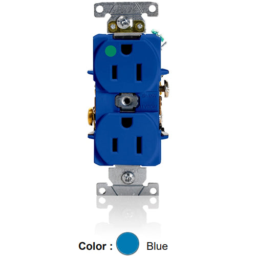 Leviton 8200-HBU, Standard Straight Blade Duplex Receptacle, Heavy-Duty Hospital Grade, Smooth Face, 15A 125V, NEMA 5-15R, 2-Pole, 3-Wire, Back and Side Wire, Blue