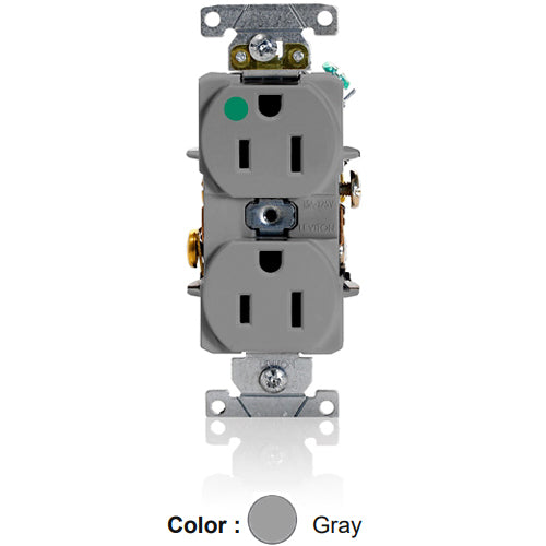 Leviton 8200-HGY, Standard Straight Blade Duplex Receptacle, Heavy-Duty Hospital Grade, Smooth Face, 15A 125V, NEMA 5-15R, 2-Pole, 3-Wire, Back and Side Wire, Gray