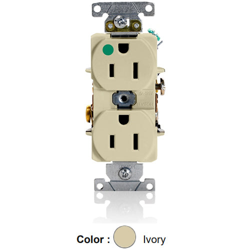 Leviton 8200-HI, Standard Straight Blade Duplex Receptacle, Heavy-Duty Hospital Grade, Smooth Face, 15A 125V, NEMA 5-15R, 2-Pole, 3-Wire, Back and Side Wire, Ivory