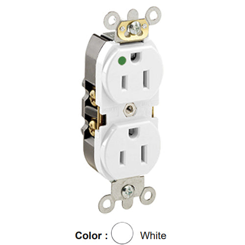 Leviton 8200-HLW, Standard Straight Blade Duplex Receptacle, Illuminated, Heavy-Duty Hospital Grade, Smooth Face, 15A 125V, NEMA 5-15R, 2-Pole, 3-Wire, Back and Side Wire, White
