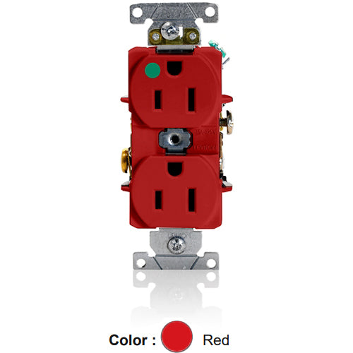 Leviton 8200-HR, Standard Straight Blade Duplex Receptacle, Heavy-Duty Hospital Grade, Smooth Face, 15A 125V, NEMA 5-15R, 2-Pole, 3-Wire, Back and Side Wire, Red