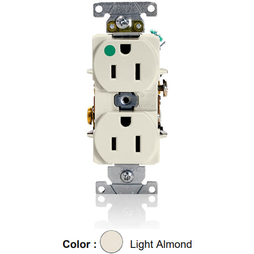 Leviton 8200-HT, Standard Straight Blade Duplex Receptacle, Heavy-Duty Hospital Grade, Smooth Face, 15A 125V, NEMA 5-15R, 2-Pole, 3-Wire, Back and Side Wire, Light Almond