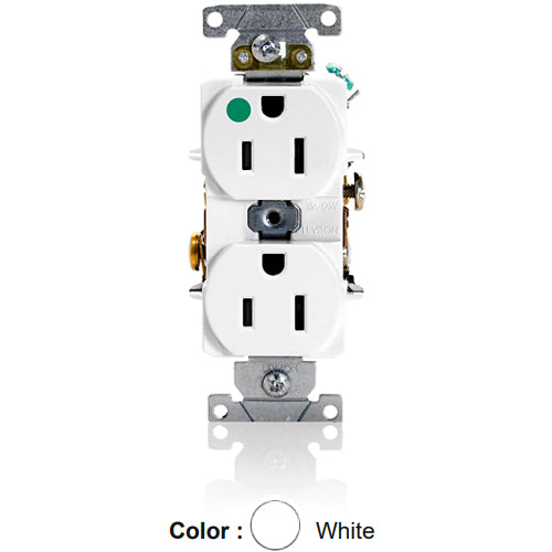 Leviton 8200-HW, Standard Straight Blade Duplex Receptacle, Heavy-Duty Hospital Grade, Smooth Face, 15A 125V, NEMA 5-15R, 2-Pole, 3-Wire, Back and Side Wire, White