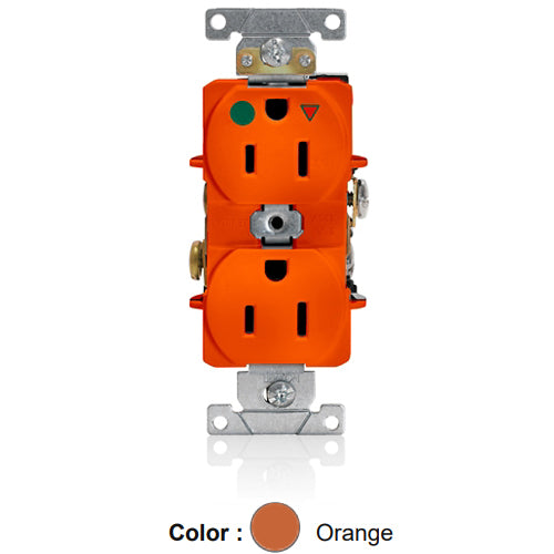 Leviton 8200-IG, Standard Straight Blade Duplex Receptacle, Heavy-Duty Hospital Grade, Smooth Face, Isolated Ground, 15A 125V, NEMA 5-15R, 2-Pole, 3-Wire, Back and Side Wire, Orange