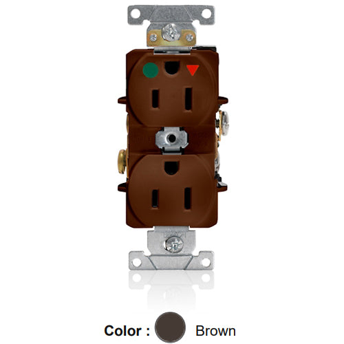 Leviton 8200-IGB, Standard Straight Blade Duplex Receptacle, Heavy-Duty Hospital Grade, Smooth Face, Isolated Ground, 15A 125V, NEMA 5-15R, 2-Pole, 3-Wire, Back and Side Wire, Brown