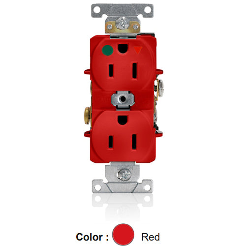 Leviton 8200-IGR, Standard Straight Blade Duplex Receptacle, Heavy-Duty Hospital Grade, Smooth Face, Isolated Ground, 15A 125V, NEMA 5-15R, 2-Pole, 3-Wire, Back and Side Wire, Red