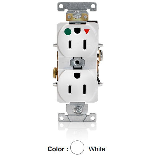 Leviton 8200-IGW, Standard Straight Blade Duplex Receptacle, Heavy-Duty Hospital Grade, Smooth Face, Isolated Ground, 15A 125V, NEMA 5-15R, 2-Pole, 3-Wire, Back and Side Wire, White