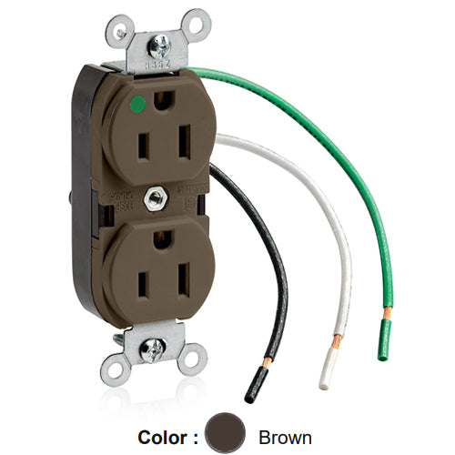 Leviton 8200-L, Standard Straight Blade Duplex Receptacle, Heavy-Duty Hospital Grade, Smooth Face, 15A 125V, NEMA 5-15R, 2-Pole, 3-Wire, Pre-Wired Leads, Brown