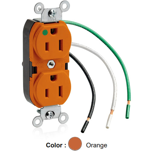 Leviton 8200-LIG, Standard Straight Blade Duplex Receptacle, Heavy-Duty Hospital Grade, Smooth Face, Isolated Ground, 15A 125V, NEMA 5-15R, 2-Pole, 3-Wire, Back and Side Wire; Pre-wired Ground Lead, Orange