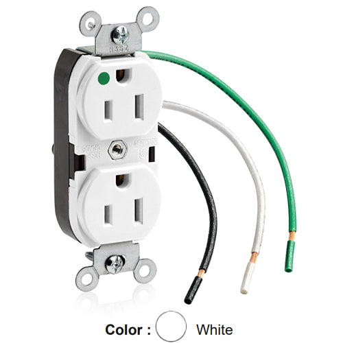 Leviton 8200-LW, Standard Straight Blade Duplex Receptacle, Heavy-Duty Hospital Grade, Smooth Face, 15A 125V, NEMA 5-15R, 2-Pole, 3-Wire, Pre-Wired Leads, White