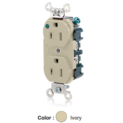 Leviton 8200-PLI, Standard Straight Blade Duplex Receptacle, Extra Heavy-Duty Hospital Grade, Power Indication, Smooth Face, 15A 125V, NEMA 5-15R, 2-Pole, 3-Wire, Back and Side Wire, Ivory