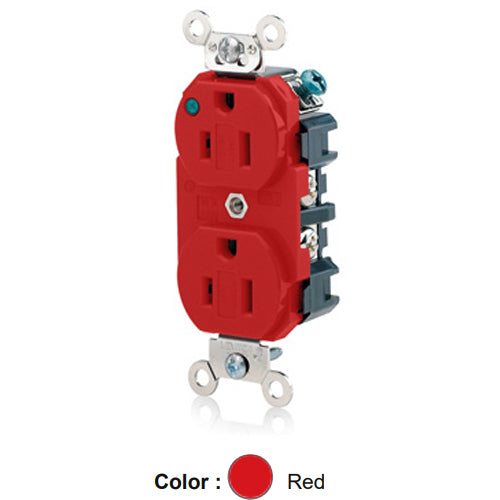 Leviton 8200-PLR, Standard Straight Blade Duplex Receptacle, Extra Heavy-Duty Hospital Grade, Power Indication, Smooth Face, 15A 125V, NEMA 5-15R, 2-Pole, 3-Wire, Back and Side Wire, Red