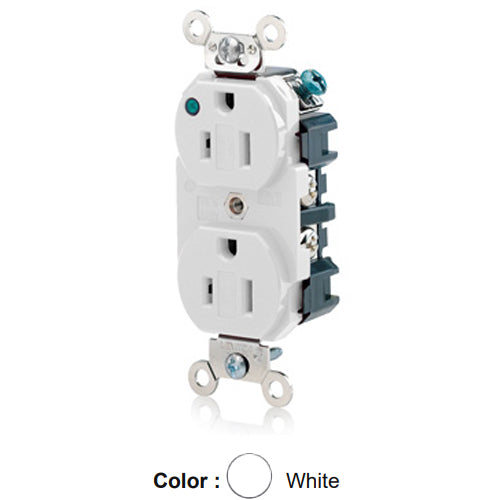 Leviton 8200-PLW, Standard Straight Blade Duplex Receptacle, Extra Heavy-Duty Hospital Grade, Power Indication, Smooth Face, 15A 125V, NEMA 5-15R, 2-Pole, 3-Wire, Back and Side Wire, White