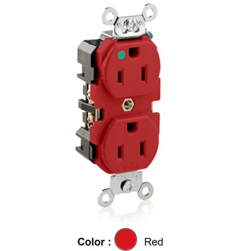 Leviton 8200-R, Standard Straight Blade Duplex Receptacle, Extra Heavy-Duty Hospital Grade, Smooth Face, 15A 125V, NEMA 5-15R, 2-Pole, 3-Wire, Back and Side Wire, Red