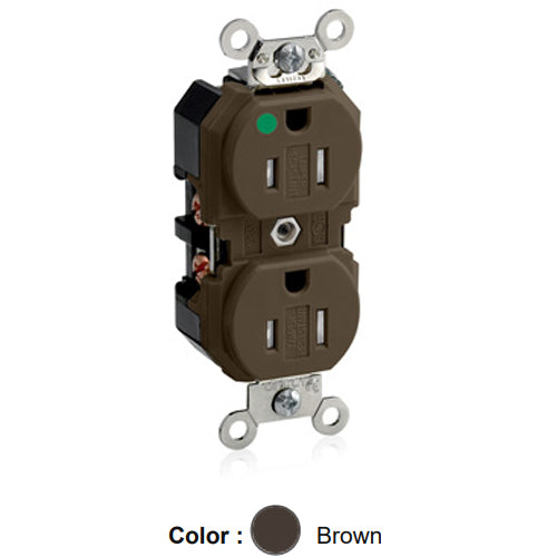 Leviton 8200-SG, Tamper-Resistant Standard Straight Blade Duplex Receptacle, Extra Heavy-Duty Hospital Grade, Smooth Face, 15A 125V, NEMA 5-15R, 2-Pole, 3-Wire, Back and Side Wire, Brown