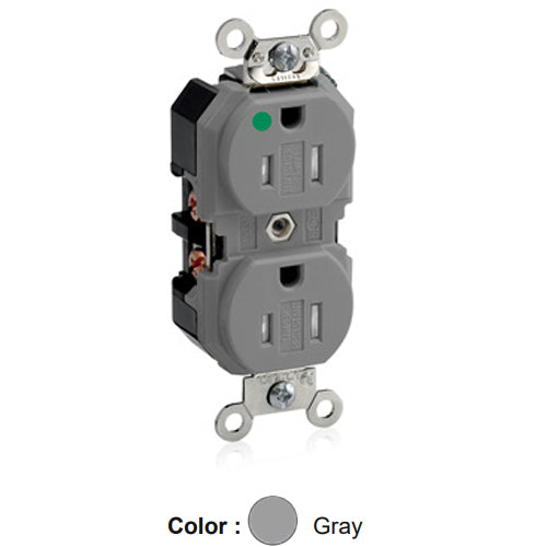 Leviton 8200-SGG, Tamper-Resistant Standard Straight Blade Duplex Receptacle, Extra Heavy-Duty Hospital Grade, Smooth Face, 15A 125V, NEMA 5-15R, 2-Pole, 3-Wire, Back and Side Wire, Gray