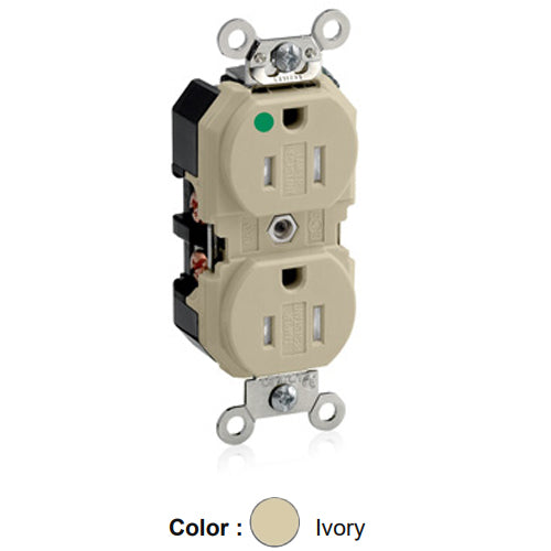 Leviton 8200-SGI, Tamper-Resistant Standard Straight Blade Duplex Receptacle, Extra Heavy-Duty Hospital Grade, Smooth Face, 15A 125V, NEMA 5-15R, 2-Pole, 3-Wire, Back and Side Wire, Ivory