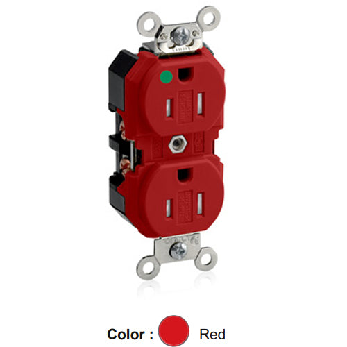Leviton 8200-SGR, Tamper-Resistant Standard Straight Blade Duplex Receptacle, Extra Heavy-Duty Hospital Grade, Smooth Face, 15A 125V, NEMA 5-15R, 2-Pole, 3-Wire, Back and Side Wire, Red