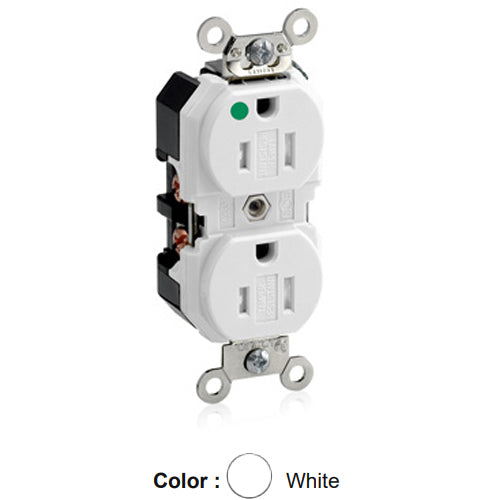 Leviton 8200-SGW, Tamper-Resistant Standard Straight Blade Duplex Receptacle, Extra Heavy-Duty Hospital Grade, Smooth Face, 15A 125V, NEMA 5-15R, 2-Pole, 3-Wire, Back and Side Wire, White