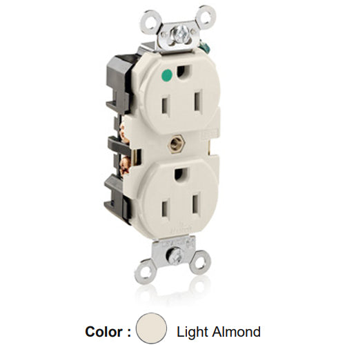 Leviton 8200-T, Standard Straight Blade Duplex Receptacle, Extra Heavy-Duty Hospital Grade, Smooth Face, 15A 125V, NEMA 5-15R, 2-Pole, 3-Wire, Back and Side Wire, Light Almond