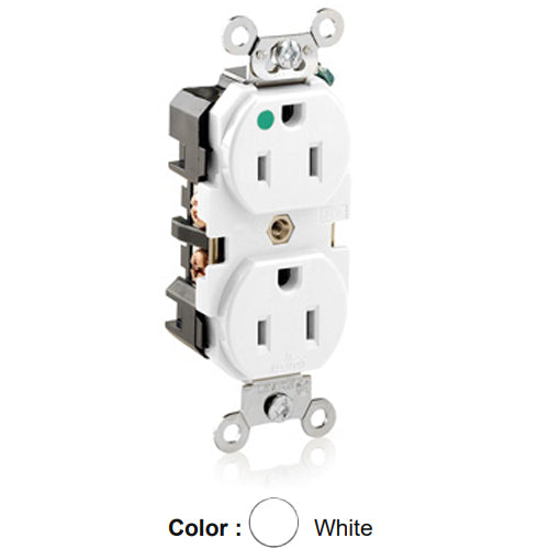 Leviton 8200-W, Standard Straight Blade Duplex Receptacle, Extra Heavy-Duty Hospital Grade, Smooth Face, 15A 125V, NEMA 5-15R, 2-Pole, 3-Wire, Back and Side Wire, White