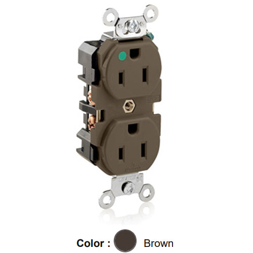 Leviton 8200, Standard Straight Blade Duplex Receptacle, Extra Heavy-Duty Hospital Grade, Smooth Face, 15A 125V, NEMA 5-15R, 2-Pole, 3-Wire, Back and Side Wire, Brown