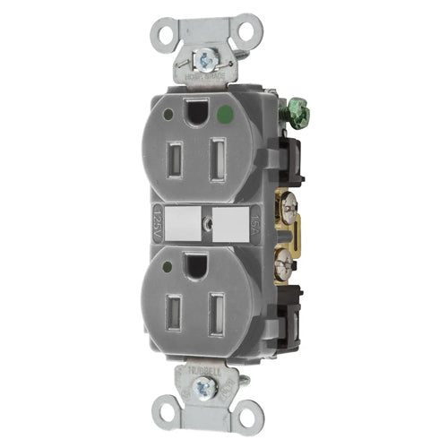 Hubbell-PRO Extra Heavy Duty Hospital Grade Receptacles, Tamper Resistant, Duplex, LED Indicator, Smooth Nylon Face, Back And Side Wired, 15A 125V, 5-15R, 2-Pole 3-Wire Grounding, Gray, 8200GYLTRA