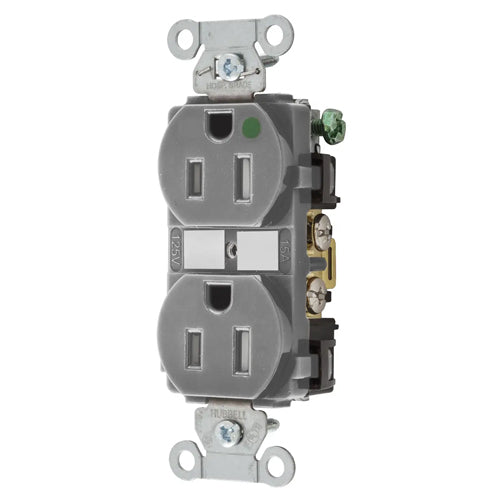 Hubbell-PRO Extra Heavy Duty Hospital Grade Receptacles, Duplex, Tamper Resistant, Smooth Nylon Face, Back And Side Wired, 15A 125V, 5-15R, 2-Pole 3-Wire Grounding, Gray, 8200GYTRA