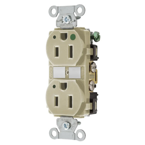 Hubbell-PRO Extra Heavy Duty Hospital Grade Receptacles, Duplex, LED Indicator, Smooth Nylon Face, Back And Side Wired, 15A 125V, 5-15R, 2-Pole 3-Wire Grounding, Ivory, 8200IVL