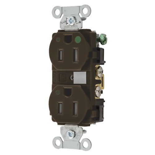 Hubbell-PRO Extra Heavy Duty Hospital Grade Receptacles, Tamper Resistant, Duplex, LED Indicator, Smooth Nylon Face, Back And Side Wired, 15A 125V, 5-15R, 2-Pole 3-Wire Grounding, Brown, 8200LTRA